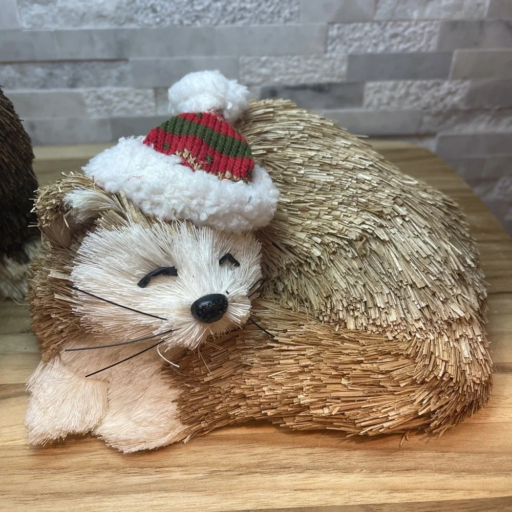 Christmas Sisal Animal Figurines Dog and Fox Holiday Decor Woodland Rustic Set 2